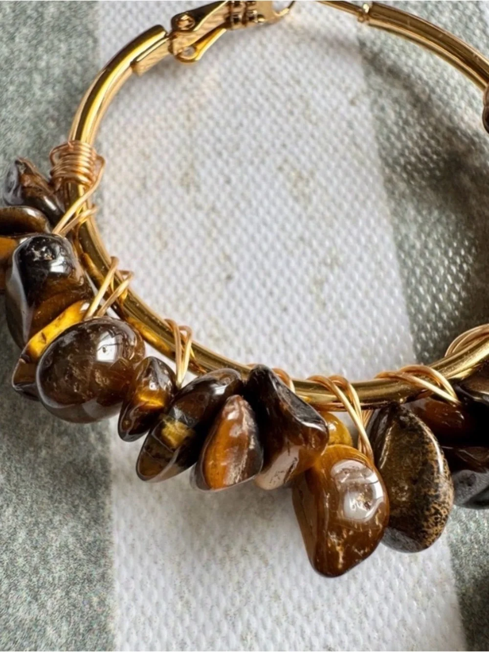 New Natural Golden Tiger Eye, Tiger Iron, Hematite Gold Tone Hoop Earrings - 2”